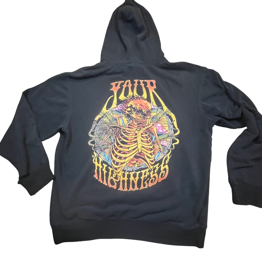 Your‎ Highness Mens Flaming Skull Mushroom Distressed Hoodie Black Large